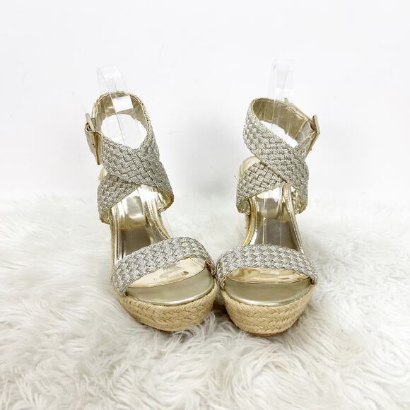 2/$30 Mossimo 6.5 Womens Gold Metallic Weave Crisscross Espadrille Sandals - Picture 2 of 8